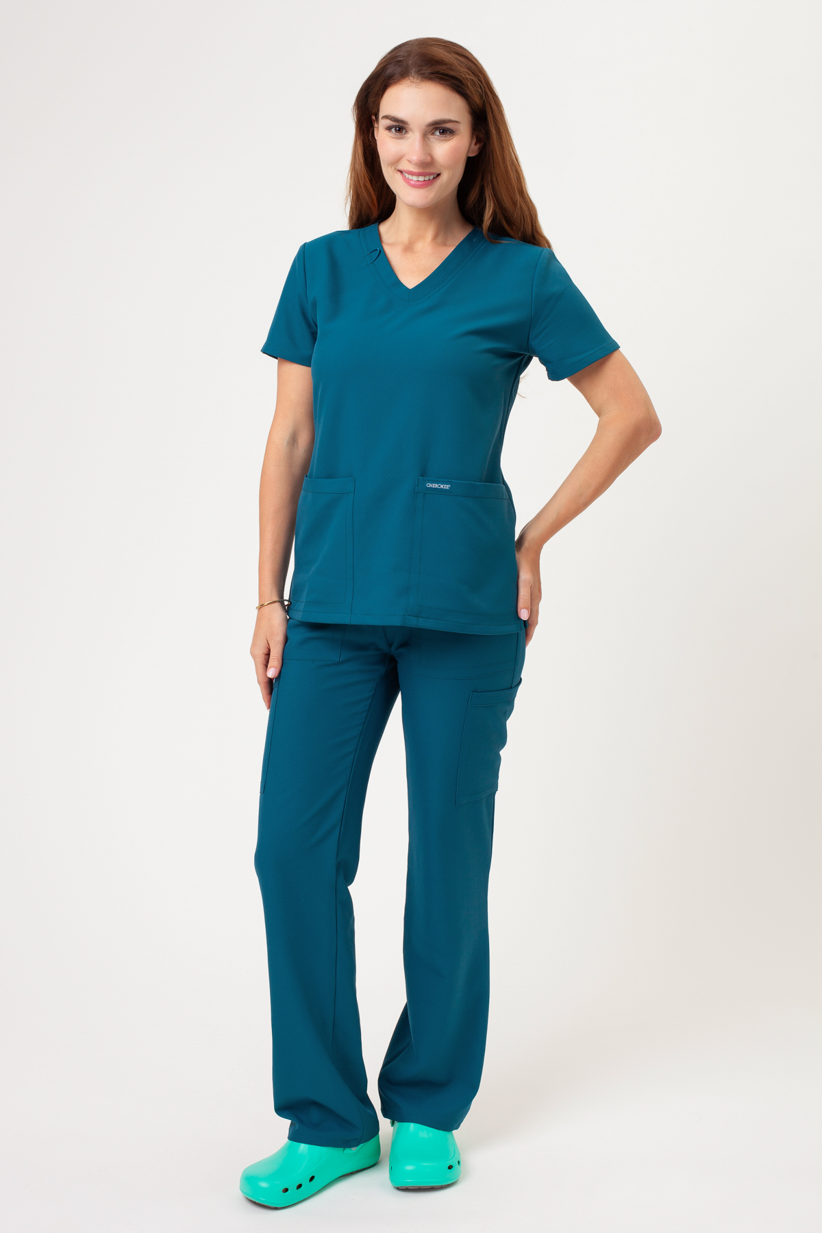 Dámska lekárska súprava Cherokee Ultra V-neck karaibsky modrá-1