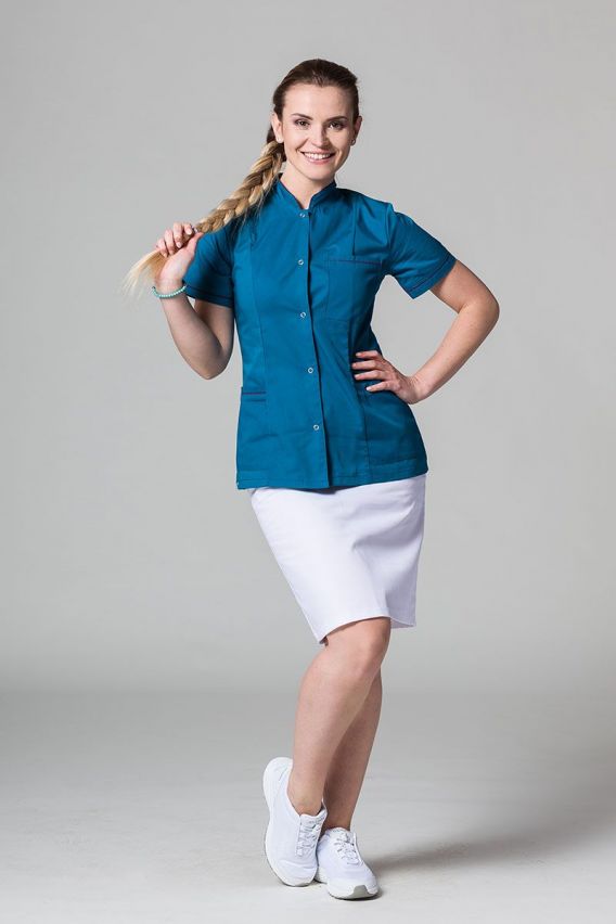 Lékařské sako Sunrise Uniforms karaibsky modré s báklažanovým lemem-2
