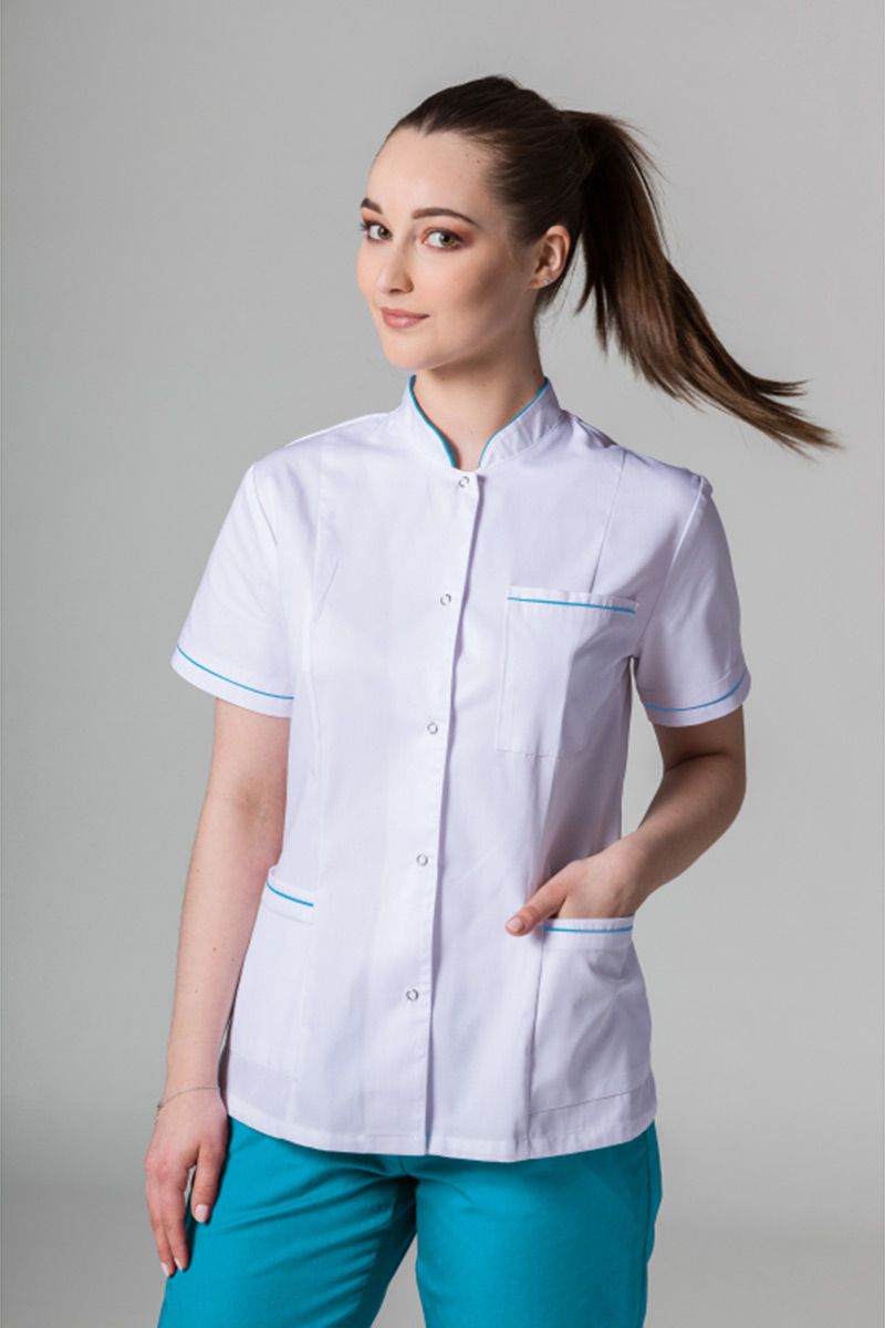 Lékařské sako Sunrise Uniforms bílé s tyrkysovým lemem