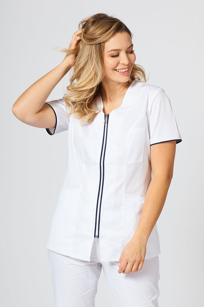 Dámska lekárska blúzka so zipsom Sunrise Uniforms biela / námornícky modrá