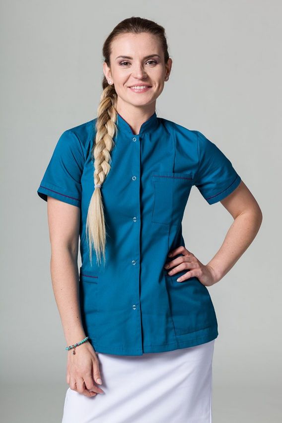 Lékařské sako Sunrise Uniforms karaibsky modré s báklažanovým lemem-1