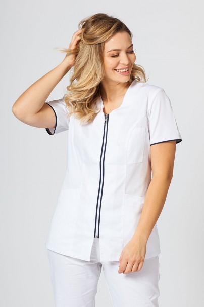 Dámska lekárska blúzka so zipsom Sunrise Uniforms biela / námornícky modrá-1